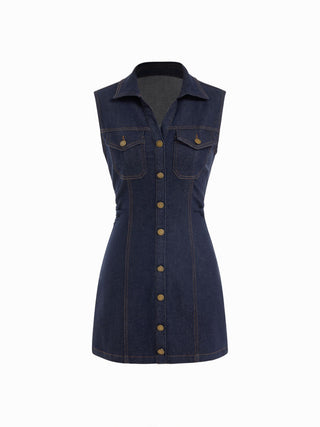 Denim Stretch Denim Washed Metal Detail Shirt Mini Dress For School Daily Casual