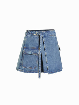 Denim Low Rise Washed Wrap Pocket A-line Mini Skort