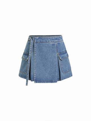 Denim Low Rise Washed Wrap Pocket A-line Mini Skort