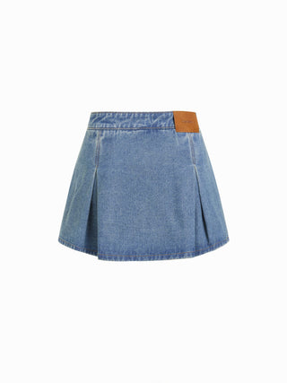 Denim Low Rise Washed Wrap Pocket A-line Mini Skort