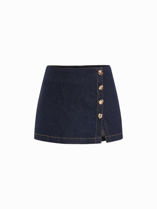 Stretch Denim Low Rise Metal Detail Split Mini Skort