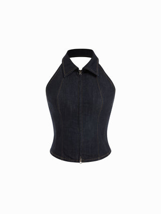 Denim Stretch Denim Washed Halter Neck Zip Through Crop Top For Daily Casual Party/Clubbing