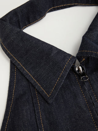 Denim Stretch Denim Washed Halter Neck Zip Through Crop Top For Daily Casual Party/Clubbing