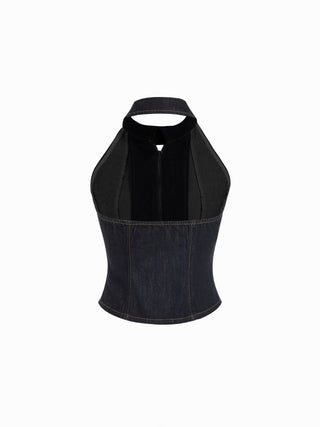 Denim Stretch Denim Washed Halter Neck Zip Through Crop Top For Daily Casual Party/Clubbing