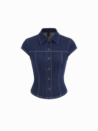 Stretch Denim Washed Short Sleeve Metal Detail Shirt