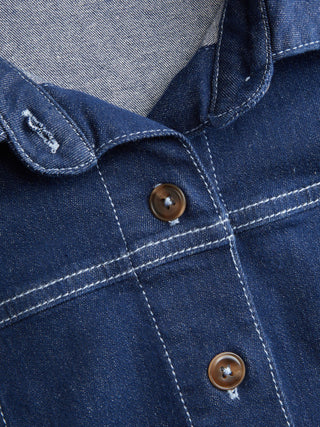 Stretch Denim Washed Short Sleeve Metal Detail Shirt