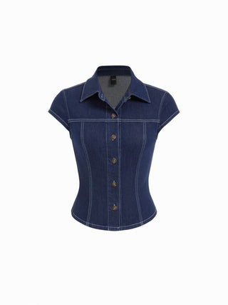 Stretch Denim Washed Short Sleeve Metal Detail Shirt