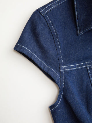 Stretch Denim Washed Short Sleeve Metal Detail Shirt