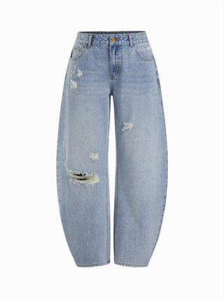 Denim Denim Low Rise Ripped Barrel-leg Cropped Oversized Jeans For School Daily Casual