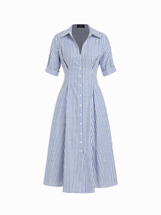 Cotton-blend Striped Mid-length Sleeve Draped Shirt Maxi Dress