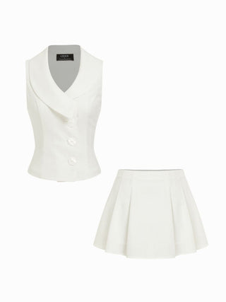 Linen-blend Linen-blend Shawl Collar Vest & Mid Rise Pleated Mini Skirt Set For Daily Casual Work