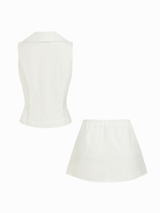 Linen-blend Linen-blend Shawl Collar Vest & Mid Rise Pleated Mini Skirt Set For Daily Casual Work