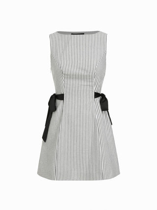 Cotton-blend Stripe Boat Neck Bowknot A-line Mini Dress