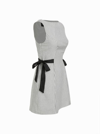 Cotton-blend Stripe Boat Neck Bowknot A-line Mini Dress