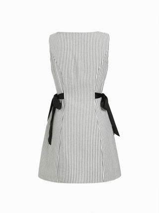 Cotton-blend Stripe Boat Neck Bowknot A-line Mini Dress
