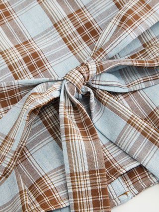 Plaid Asymmetrical Neck Ruched Short Sleeve Blouse