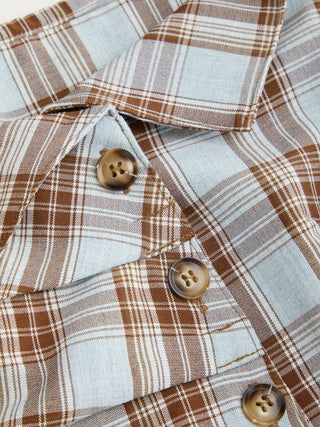Plaid Asymmetrical Neck Ruched Short Sleeve Blouse