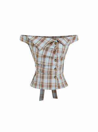 Plaid Asymmetrical Neck Ruched Short Sleeve Blouse