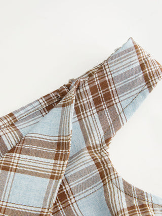Plaid Asymmetrical Neck Ruched Short Sleeve Blouse