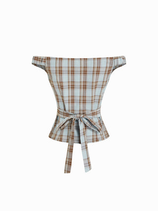 Plaid Asymmetrical Neck Ruched Short Sleeve Blouse