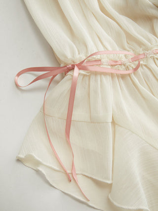 Chiffon Textured Chiffon Scoop Neck Ruffle Sleeve Ruched Bowknot Blouse For Daily Casual Date