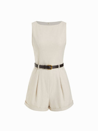 Linen-blend Boat Neck Mid Rise Romper With Belt
