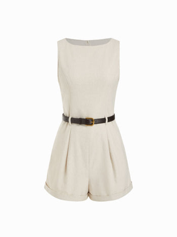 Linen-blend Boat Neck Mid Rise Romper With Belt