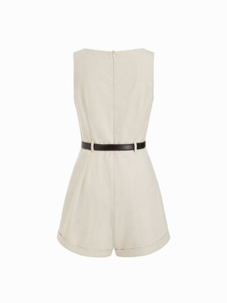 Linen-blend Boat Neck Mid Rise Romper With Belt