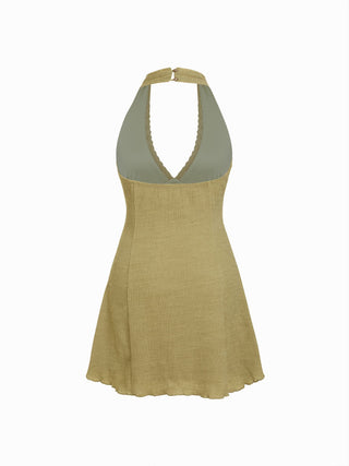 Textured Halter Neck Lace Trim A-line Mini Dress