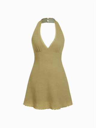 Textured Halter Neck Lace Trim A-line Mini Dress
