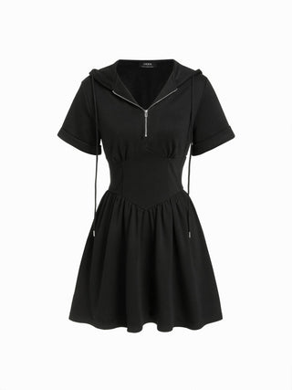 Knit Fabric Cotton-blend Hooded Short Sleeve Drawstring Metal Detail A-line Mini Dress For School Daily Casual