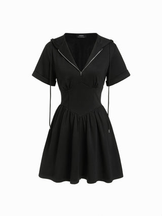 Knit Fabric Cotton-blend Hooded Short Sleeve Drawstring Metal Detail A-line Mini Dress For School Daily Casual