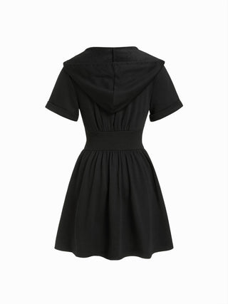 Knit Fabric Cotton-blend Hooded Short Sleeve Drawstring Metal Detail A-line Mini Dress For School Daily Casual