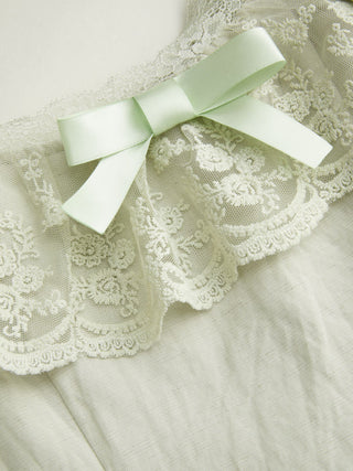 Linen-blend Linen-blend Scoop Neck Puff Sleeve Lace Bowknot A-line Midi Dress For Daily Casual Date