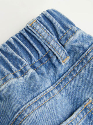 Washed Denim Low Rise Elastic Waist Wide Leg Cropped Bloomer Jeans