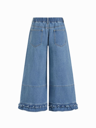 Washed Denim Low Rise Elastic Waist Wide Leg Cropped Bloomer Jeans