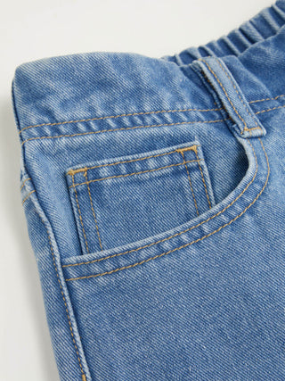 Washed Denim Low Rise Elastic Waist Wide Leg Cropped Bloomer Jeans