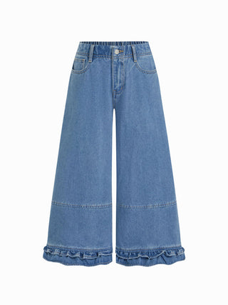 Washed Denim Low Rise Elastic Waist Wide Leg Cropped Bloomer Jeans