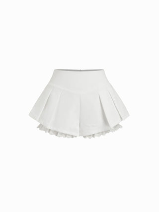 Woven Cotton High Rise Pleated Broderie Anglaise Shorts For Daily Casual Date