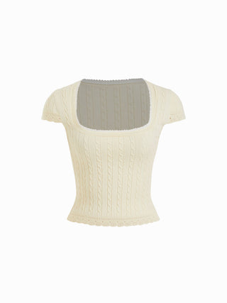 Knit Fabric Cable Knit Square Neck Short Sleeve Lace Trim Top For Daily Casual Date