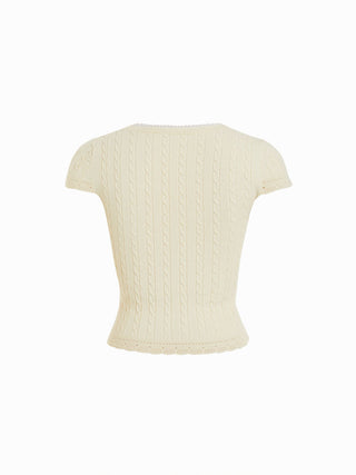 Knit Fabric Cable Knit Square Neck Short Sleeve Lace Trim Top For Daily Casual Date
