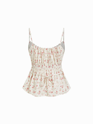 Cotton Stripe V-Neck Lace Panel Button Tie Back Peplum Cami Top