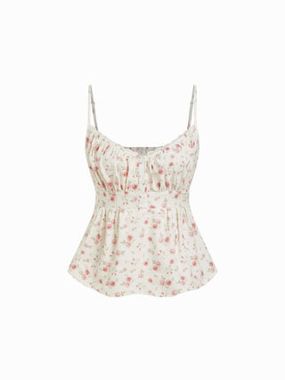 Cotton Stripe V-Neck Lace Panel Button Tie Back Peplum Cami Top