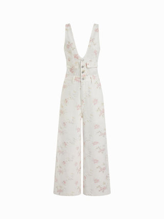 Denim V-neck Button Pocket Wide Leg Jumpsuit