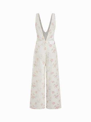 Denim V-neck Button Pocket Wide Leg Jumpsuit