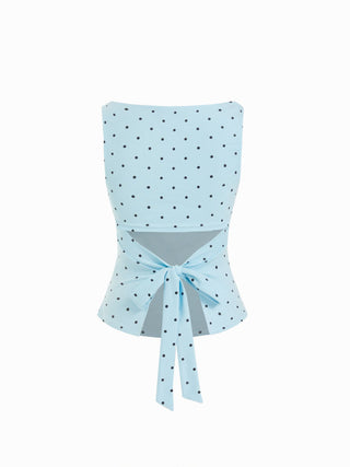 Cotton-blend Boat Neck Knotted Polka Dot Ruched Tank Top