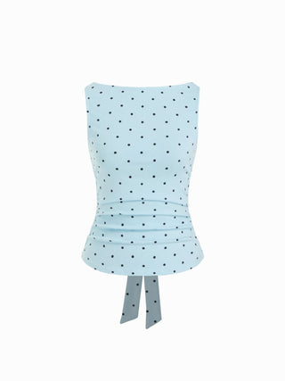 Cotton-blend Boat Neck Knotted Polka Dot Ruched Tank Top