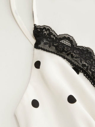 Polka Dot V-neck Lace Trim Backless A-line Maxi Dress