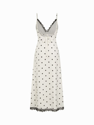 Polka Dot V-neck Lace Trim Backless A-line Maxi Dress