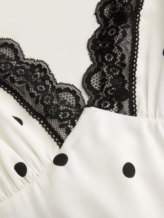 Polka Dot V-neck Lace Trim Backless A-line Maxi Dress